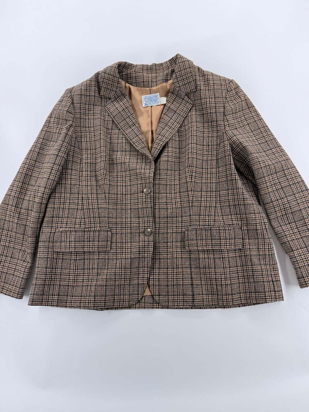 Vintage Pendleton Plaid Virgin Wool Blazer Jacket Brown Tan 42R